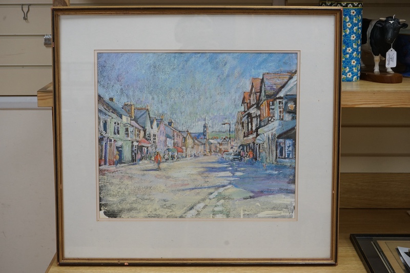 Sue McDonagh (contemporary), pastel and ink, ‘Crowbridge High Street’, unsigned, details verso, 44 x 52cm. Condition - good